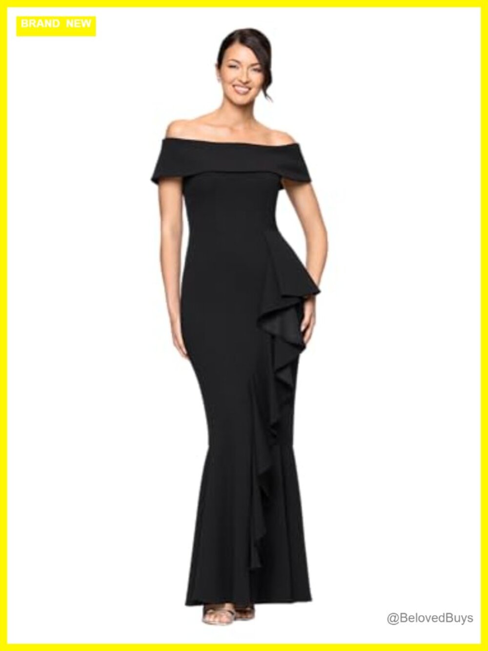 Off Shoulder Mermaid Gown with Cascade Ruffle & Built-in Bra Support
